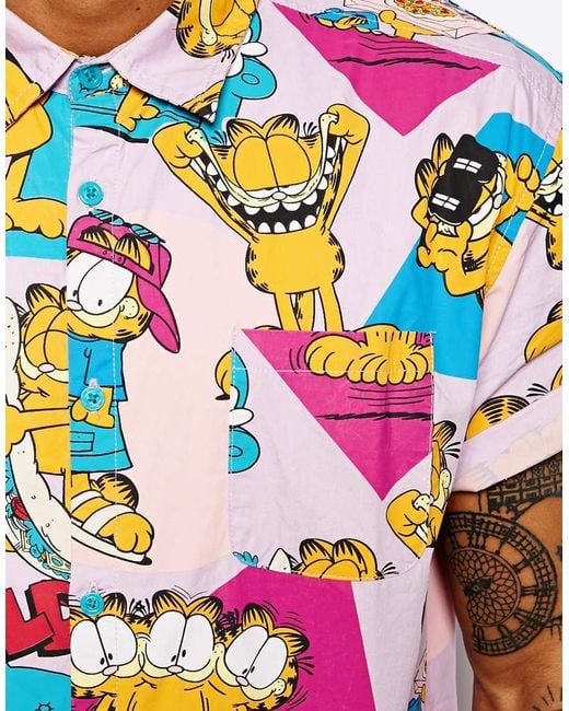 Lazy Oaf Pink Short Sleeve Shirt in Mixed Garfield Print for men