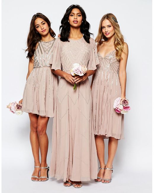 ASOS Wedding Embellished Flutter Sleeve Maxi Dress - Beige in Natural |  Lyst UK