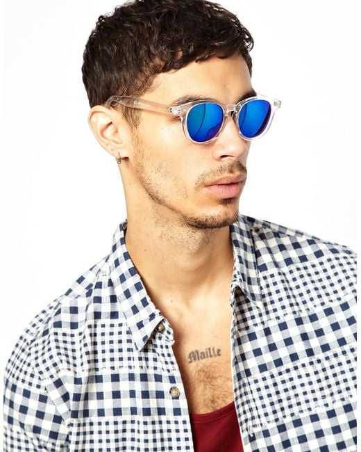 Semi-round Sunglasses in Clear with Blue Lenses - The Ben Silver Collection