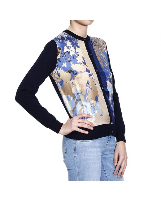 Ferragamo Blue Sweater Knit Cardigan With Silk Printed In Front