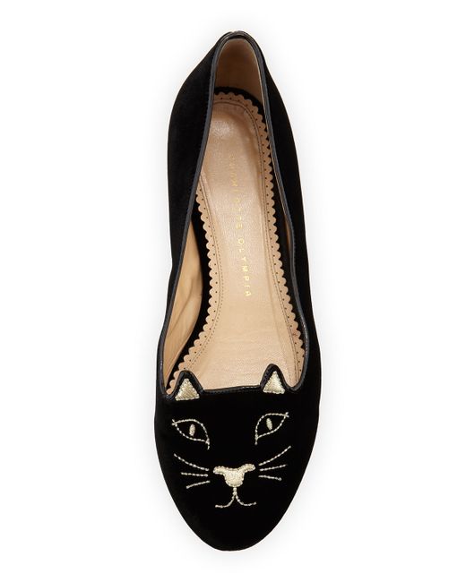 Charlotte Olympia Black Kitty Velvet Cat-embroidered Flat