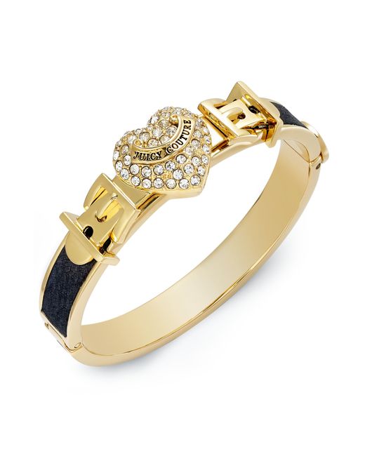 Juicy Couture Metallic Goldtone Pave Heart Black Leather Bangle Bracelet