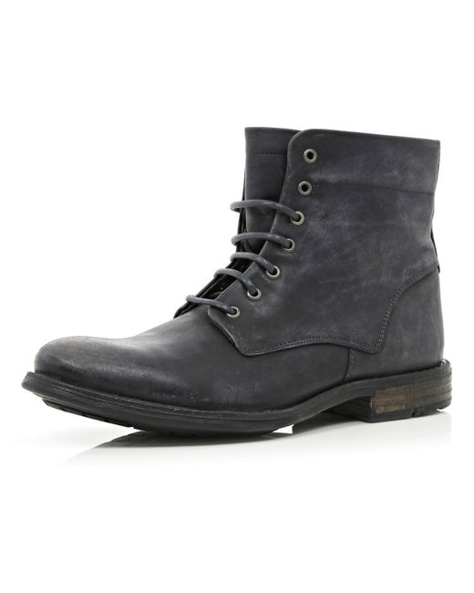 River Island Black Distressed Lace Up Military Boots for men