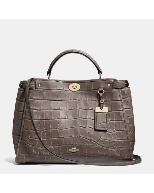 COACH Brown Gramercy Satchel In Croc Embossed Leather