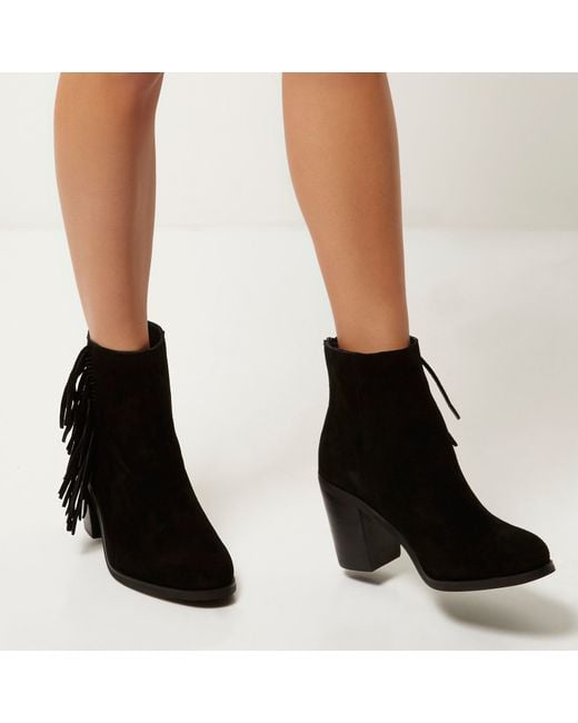 River Island Black Suede Fringed Ankle Boots | Lyst UK