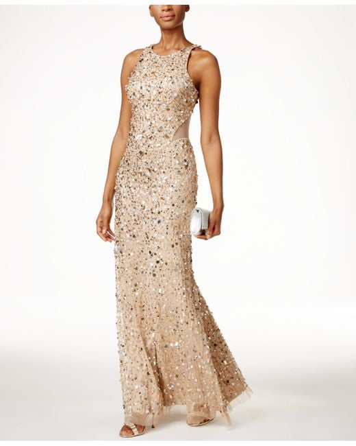 Adrianna Papell Metallic Sequined Racerback Illusion Gown