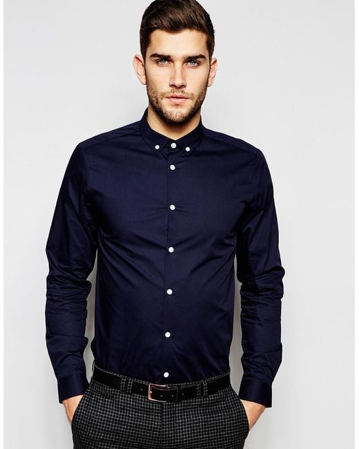 Asos Navy Shirt With Button Down Collar In Regular Fit With Long ...