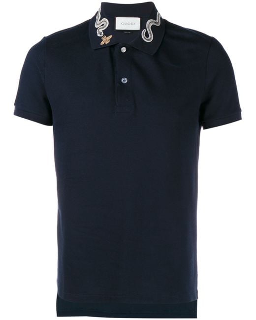 Gucci Blue Snake And Bee Collar Polo Shirt for men