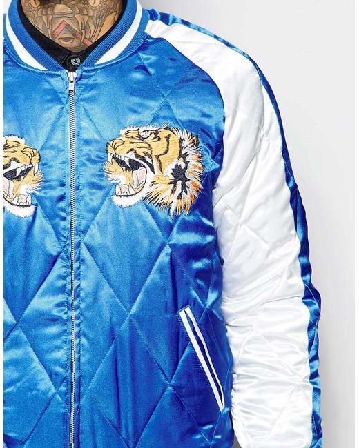 ASOS Blue Bomber Jacket With Tiger Embroidery for men