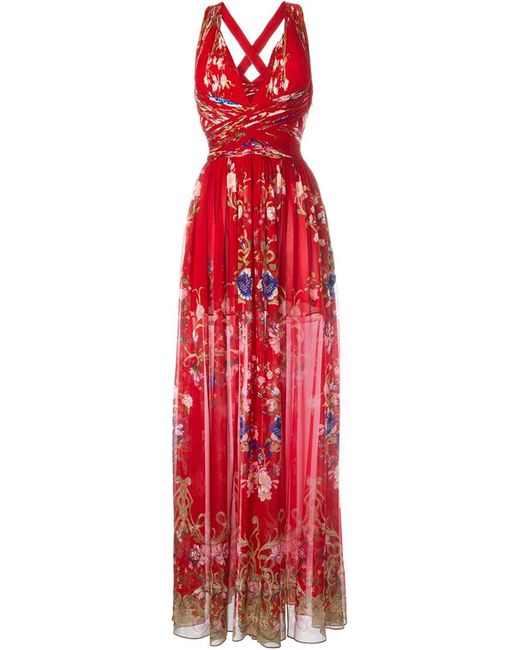 Roberto Cavalli Floral Print Long Dress in Red | Lyst