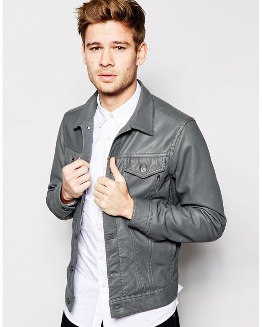 Replay Gray Leather Trucker Jacket Button Front for men