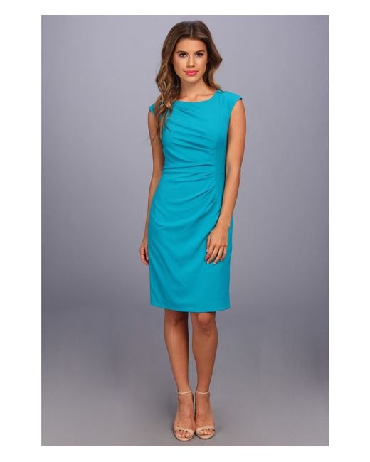 Calvin Klein Cap Sleeve Side Ruched Lux Dress in Blue