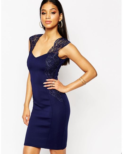 Lipsy Bodycon Dress With Lace Applique Shoulder - Navy in Blue | Lyst