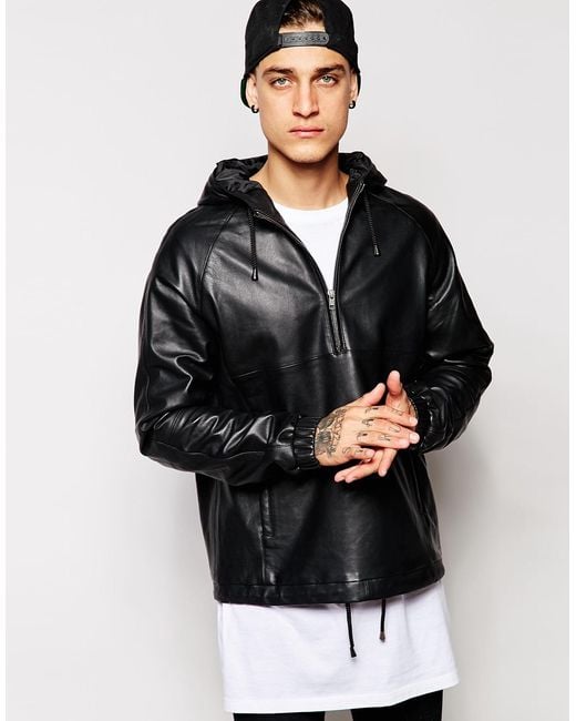 ASOS Black Leather Hooded Pullover Jacket for men