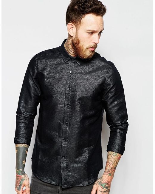 ASOS Black Shirt In Glitter Fabric With Long Sleeves for men