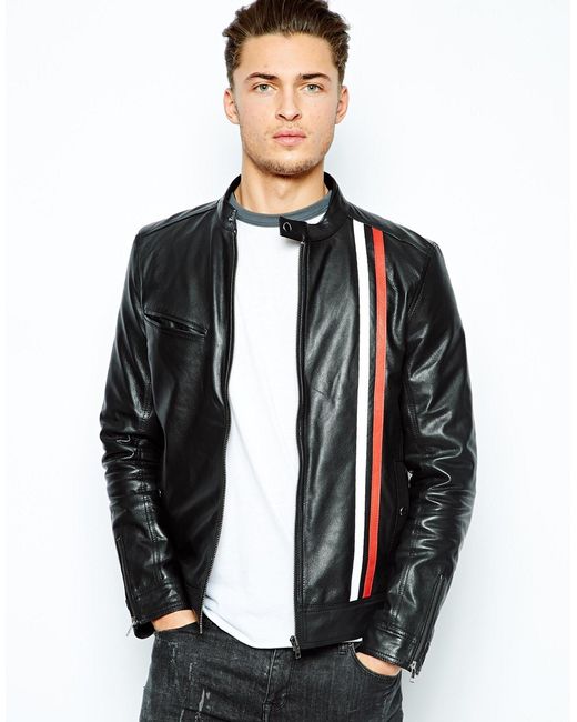 ASOS Black Leather Biker Jacket With Racing Stripe for men