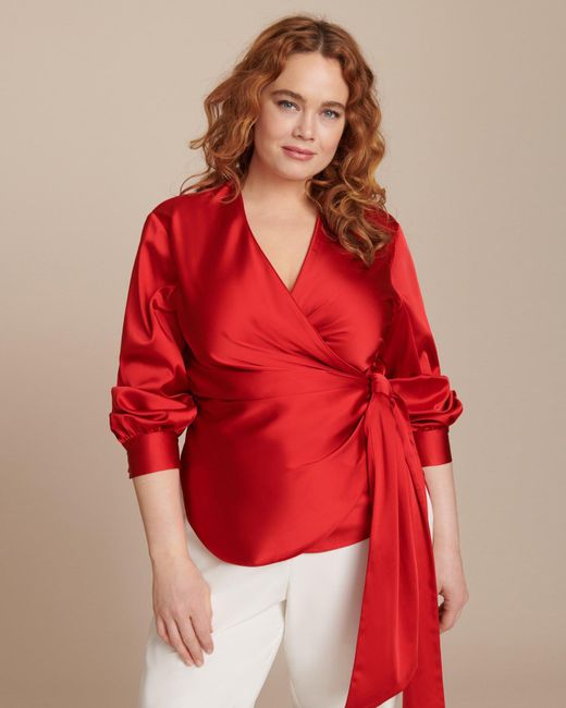 red satin tie front top