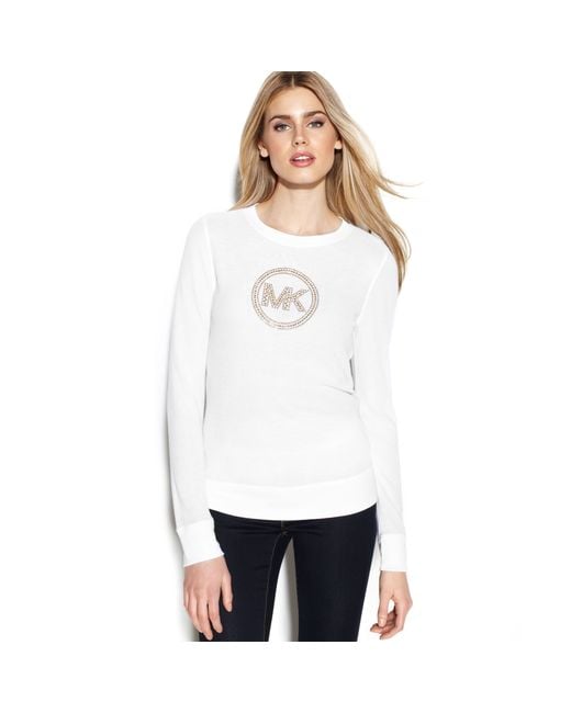 Michael Kors Long Sleeve Studded Logo Top in White | Lyst