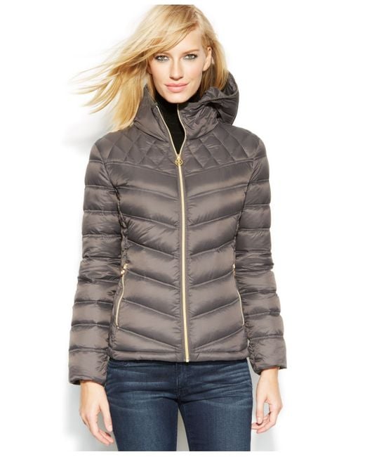 Michael Kors Michael Hooded Quilted Packable Puffer Jacket in Gray | Lyst