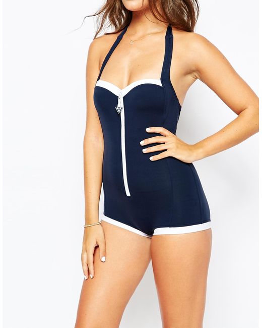 Seafolly Synthetic Block Party Retro Boy Leg Swimsuit in Indigo (Blue