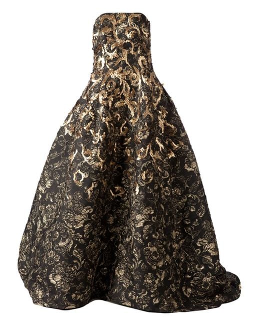 Oscar de la Renta Black Floral Brocade Evening Gown