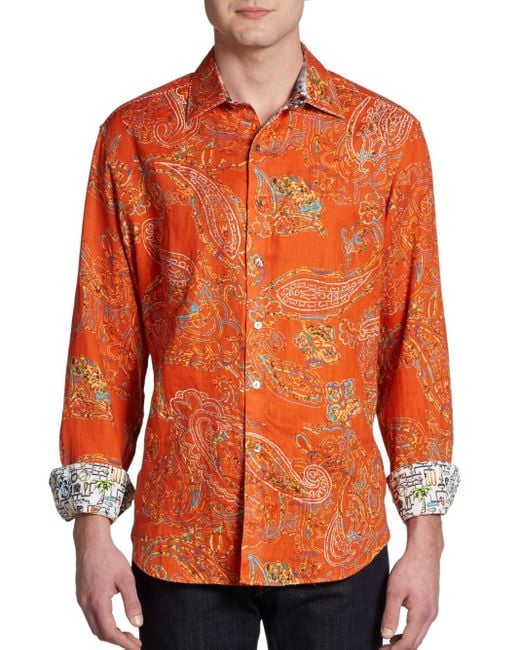 Robert Graham Orange Arthur Paisley Linen Sportshirt for men