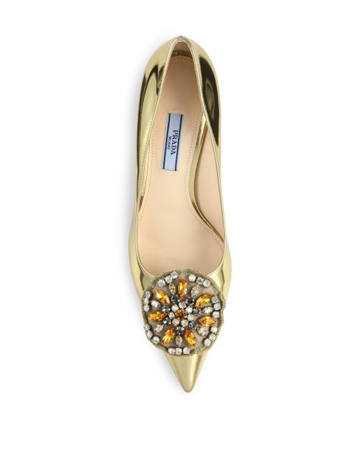 Prada Brooch-detail Metallic Patent Leather Curved-heel Pumps in ...  