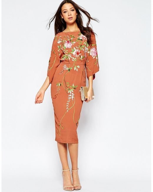 ASOS Red Tall Kimono Midi Dress With Embroidery
