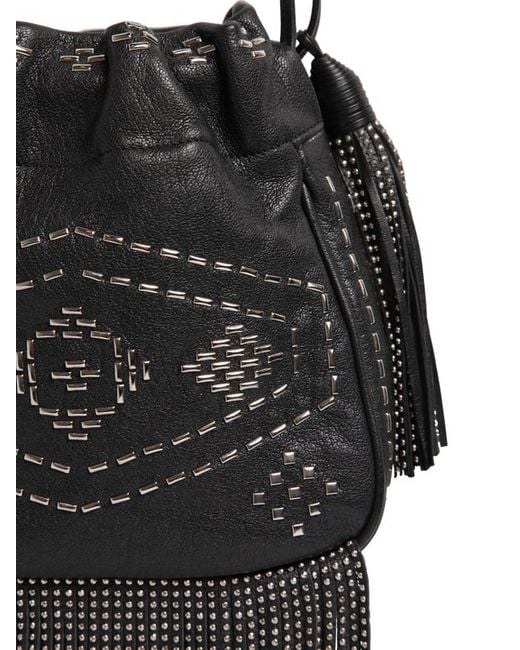 monogram studded fringe bucket bag, black monogram studded fringe bucket bag, black