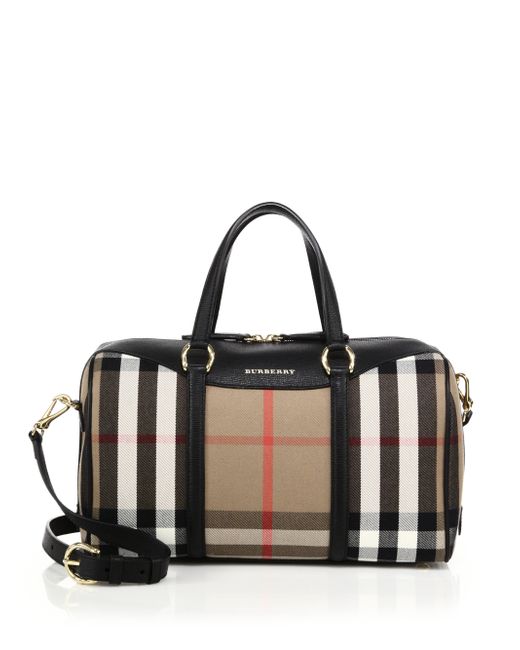 Burberry Alchester Medium House Check Cotton & Leather Bowler Bag in Camel- Black (Black) | Lyst