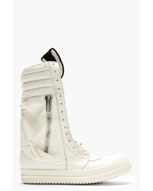 Rick Owens White Leather Cargobasket Sneaker Boots