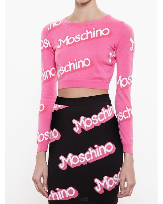 Moschino Pink Logo Intarsia Cropped Sweater