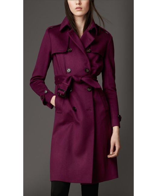 Burberry Long Double Cashmere Trench Coat in Purple | Lyst