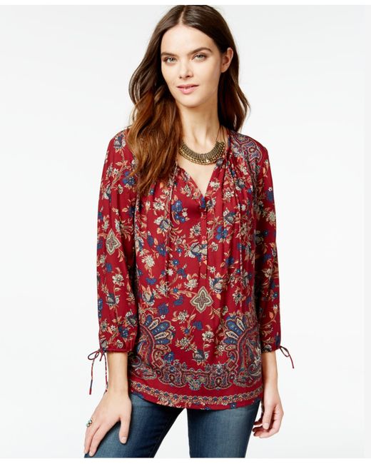 Lucky Brand Red Lucky Brand Three-quarter-sleeve Printed Peasant Blouse