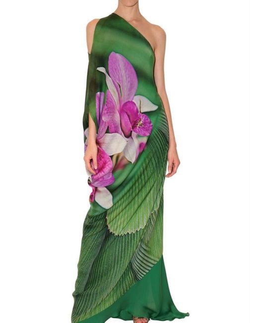 Roberto Cavalli Green Long Orchid Print Chiffon Dress