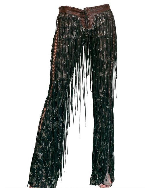Roberto Cavalli Brown Fringed Suede and Sequin Leather Trousers