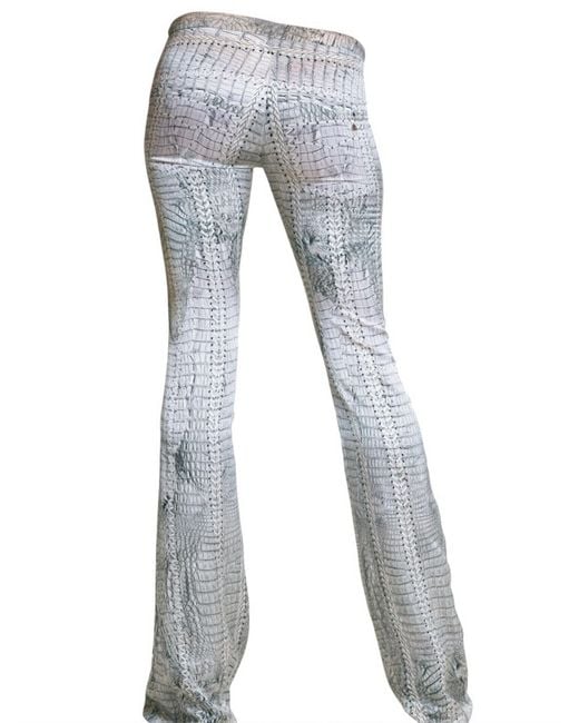 Roberto Cavalli Gray Croc Print Satin Trousers