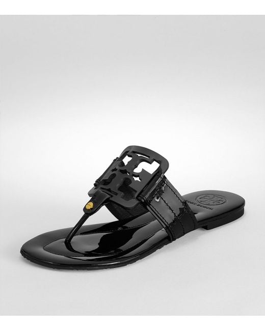 Tory Burch Square Miller Patent Leather Thong Sandals in Black | Lyst