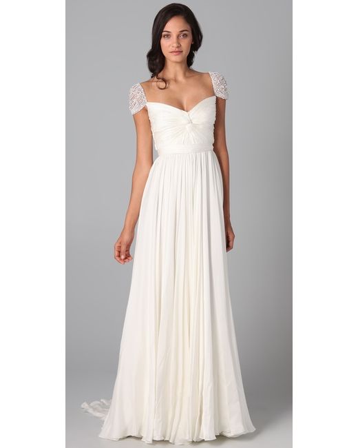 Reem Acra Twist Front Gown with Jeweled Sleeves in White | Lyst