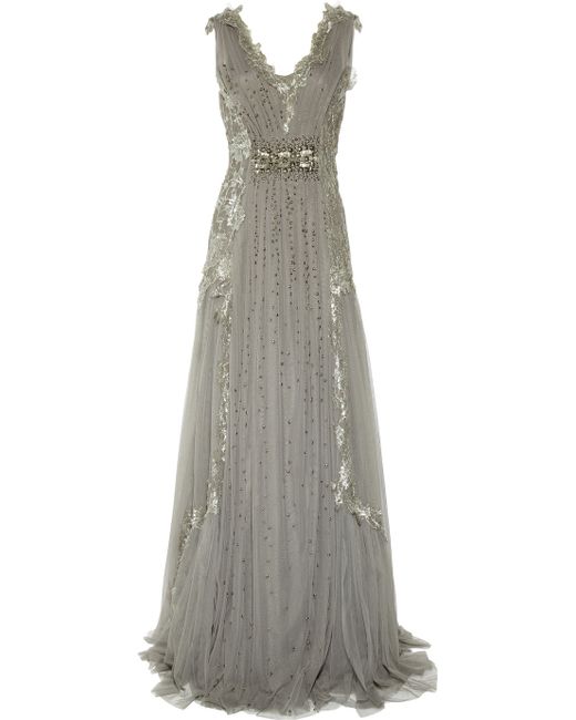 Alberta Ferretti Embroidered Tulle Gown in Gray | Lyst