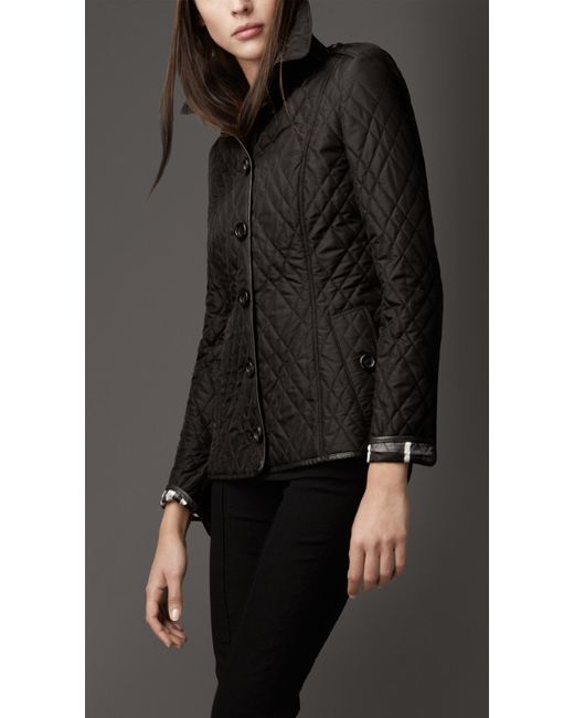 Burberry Leather Trim Quilted Jacket in Black | Lyst