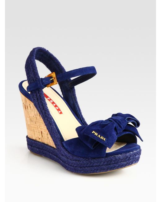 Prada Suede Espadrille Slingback Wedge Sandals with Bow in Blue | Lyst
