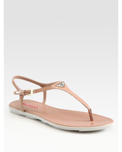 Prada Patent Leather T-strap Sandals in Natural | Lyst