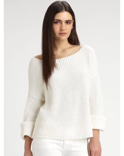 Vince Ribbed Cotton Boatneck Sweater in White | Lyst