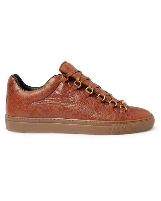 Balenciaga Brown Arena Creased Leather Sneakers for men