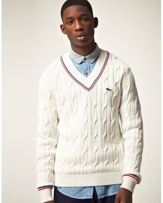 Lacoste L!ive Lacoste Live Cable V Neck Jumper in White for Men | Lyst