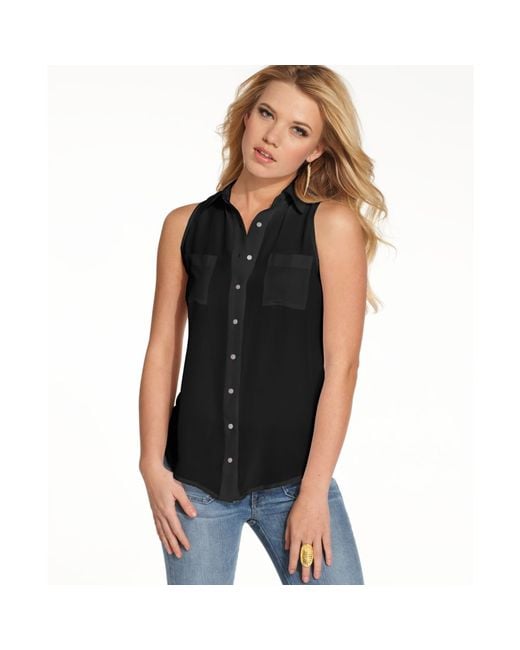 Guess Sleeveless Silk Simona Button Down Blouse in Black | Lyst