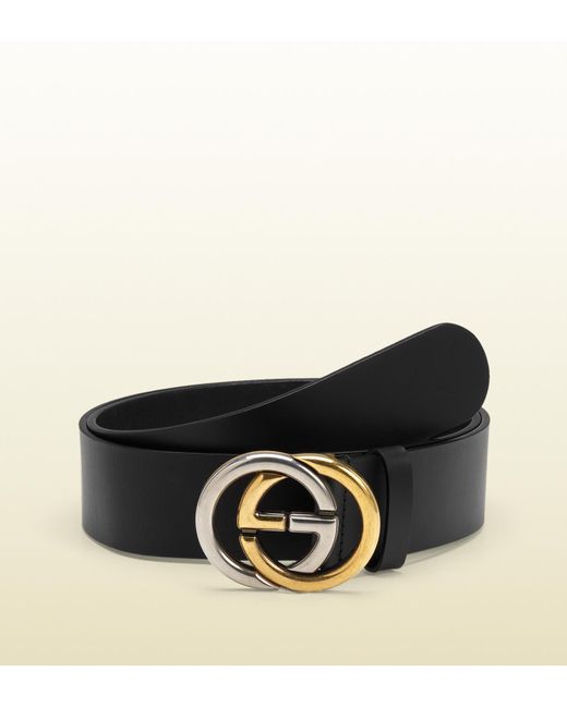 Gucci Black Leather Belt With Bi-color Interlocking G Buckle