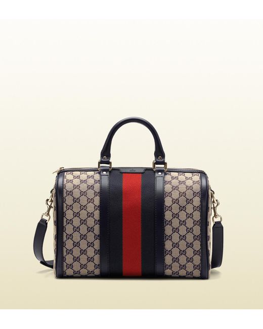 Gucci, Bags, Vintage Gucci Blue Leather Trim Bluered Stripe Monogram  Canvas Tote