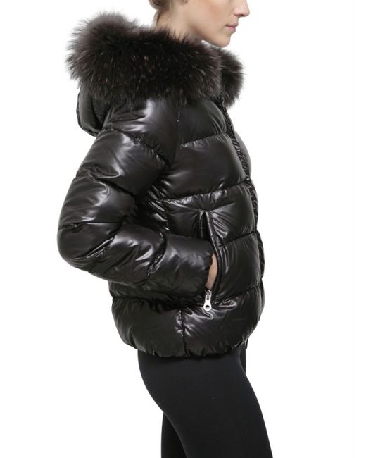 Duvetica Adhara Fur Hood Shiny Nylon Down Jacket in Black | Lyst